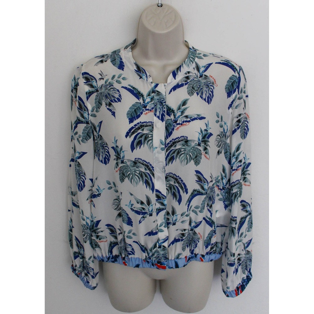 Marella Top Womens 2 White Blue Silk Tropical Bird Print Button Up Lightweight